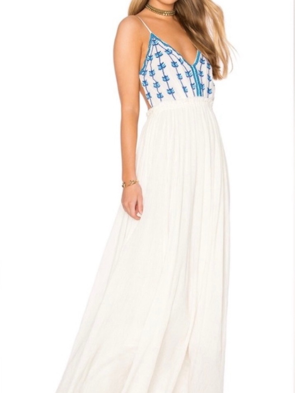 White Maxi Dress with Blue Embroidered Bodice